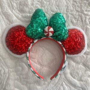 Disney Christmas/Holiday Mickey Ears Red Green Bow Peppermint Swirl